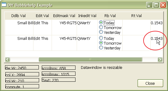 Bubblehelp on left side of datawindow conrol