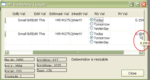 Bubblehelp on right of datawindow control